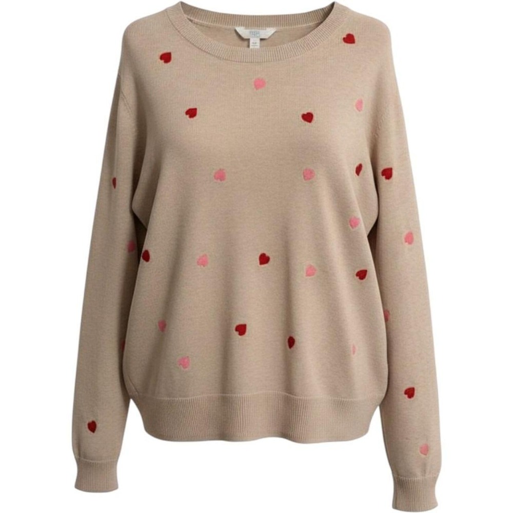 Time and Tru Womens XXL Beige Heart Embroidered Crewneck Sweater Tan Pink Red